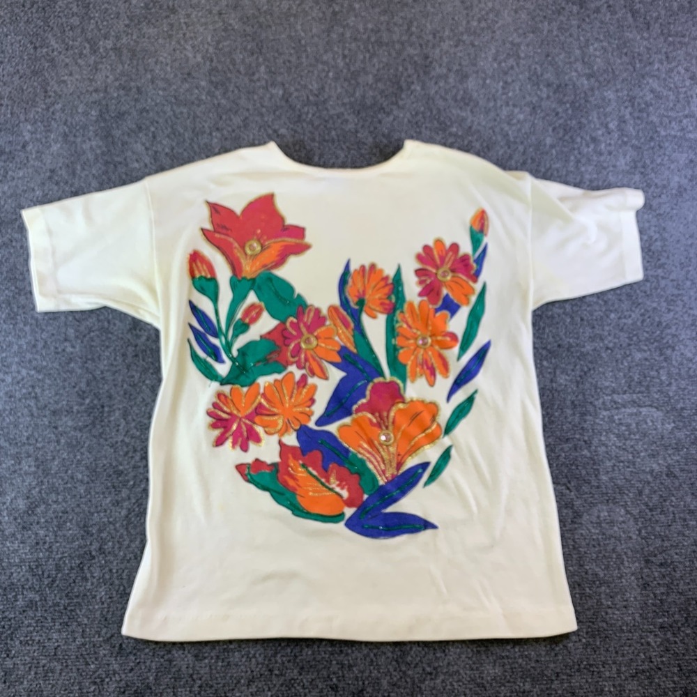 Le Damor T-Shirt Women M Cream Good Floral Rhinestone Crew Neck Vintage USA